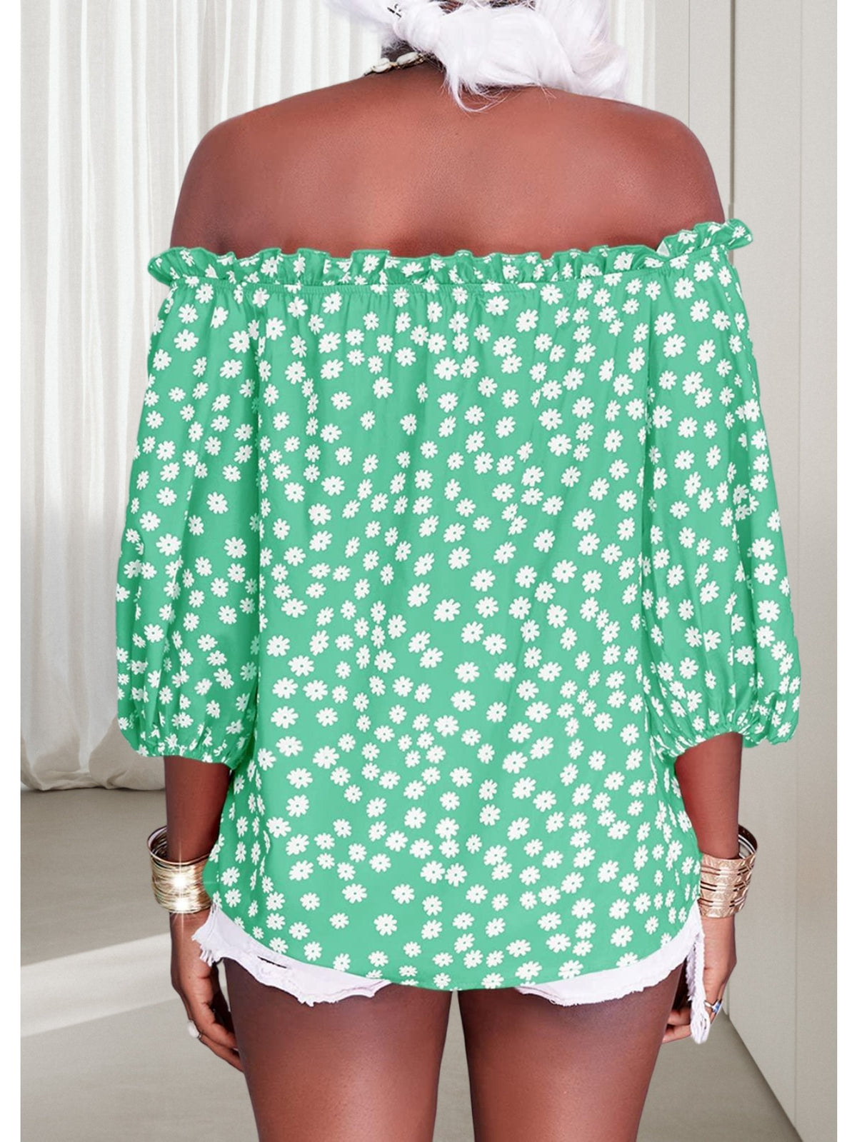 Floral Off Shoulder Chiffon Blouse Women 3/4 Sleeve Casual Summer Top Shirt 10 Colors S-XXL