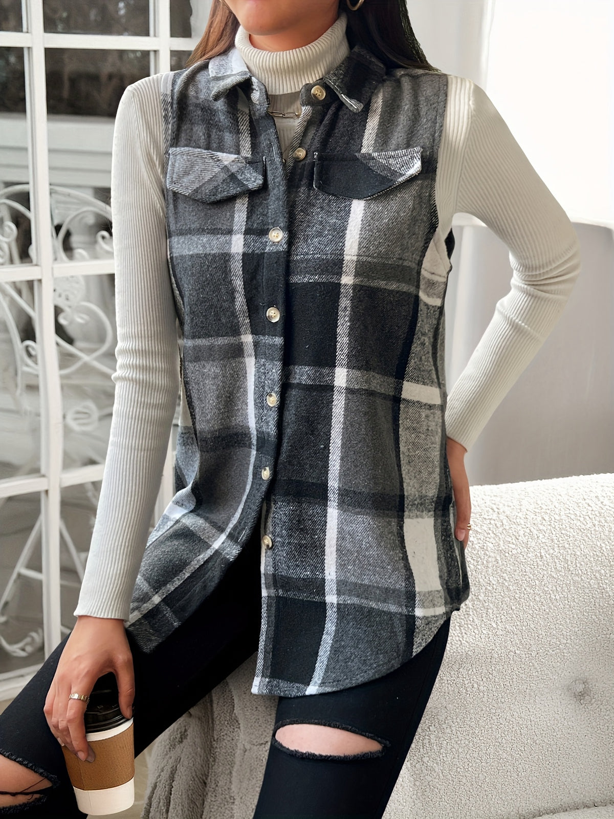 Plaid Lapel Vest Jacket Women Casual Suede Sleeveless Outerwear Fall Winter Layering