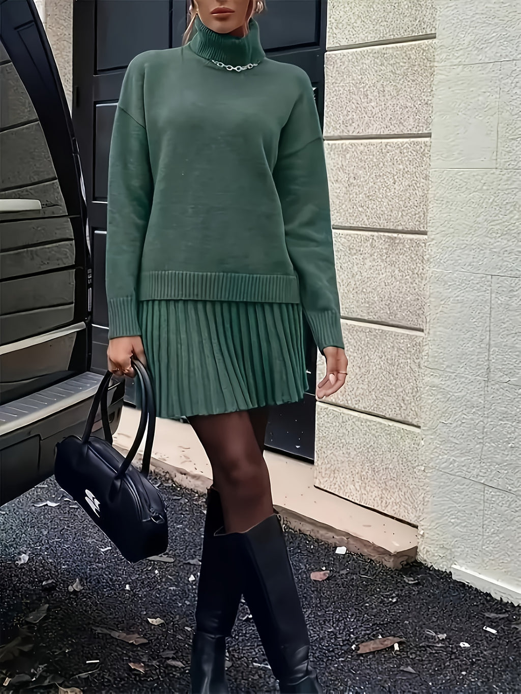 High-Neck Sweater Pleated Skirt Two-Piece Set Women Elegant Drop Shoulder Long Sleeve | Chic Knit Top + Pleated Skirt Co-Ord for Fall Winter Office & Daily Wear