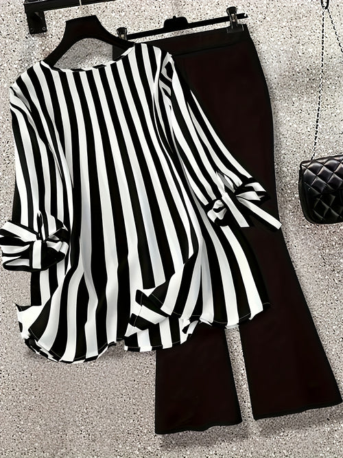 Black White Striped V-Neck Tie Sleeve Blouse and Flare Pants 2-Piece Set Chic Office Street Style S-XL