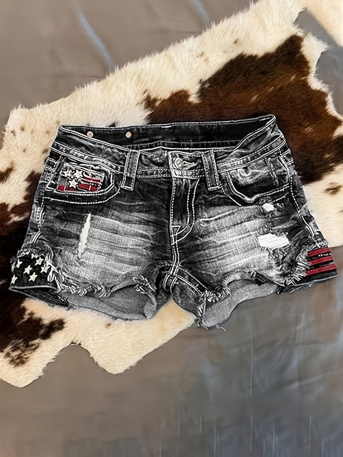 Women Star Striped American Flag Stretch Denim Shorts Patriotic Print Casual Summer Jean Shorts Grey XL