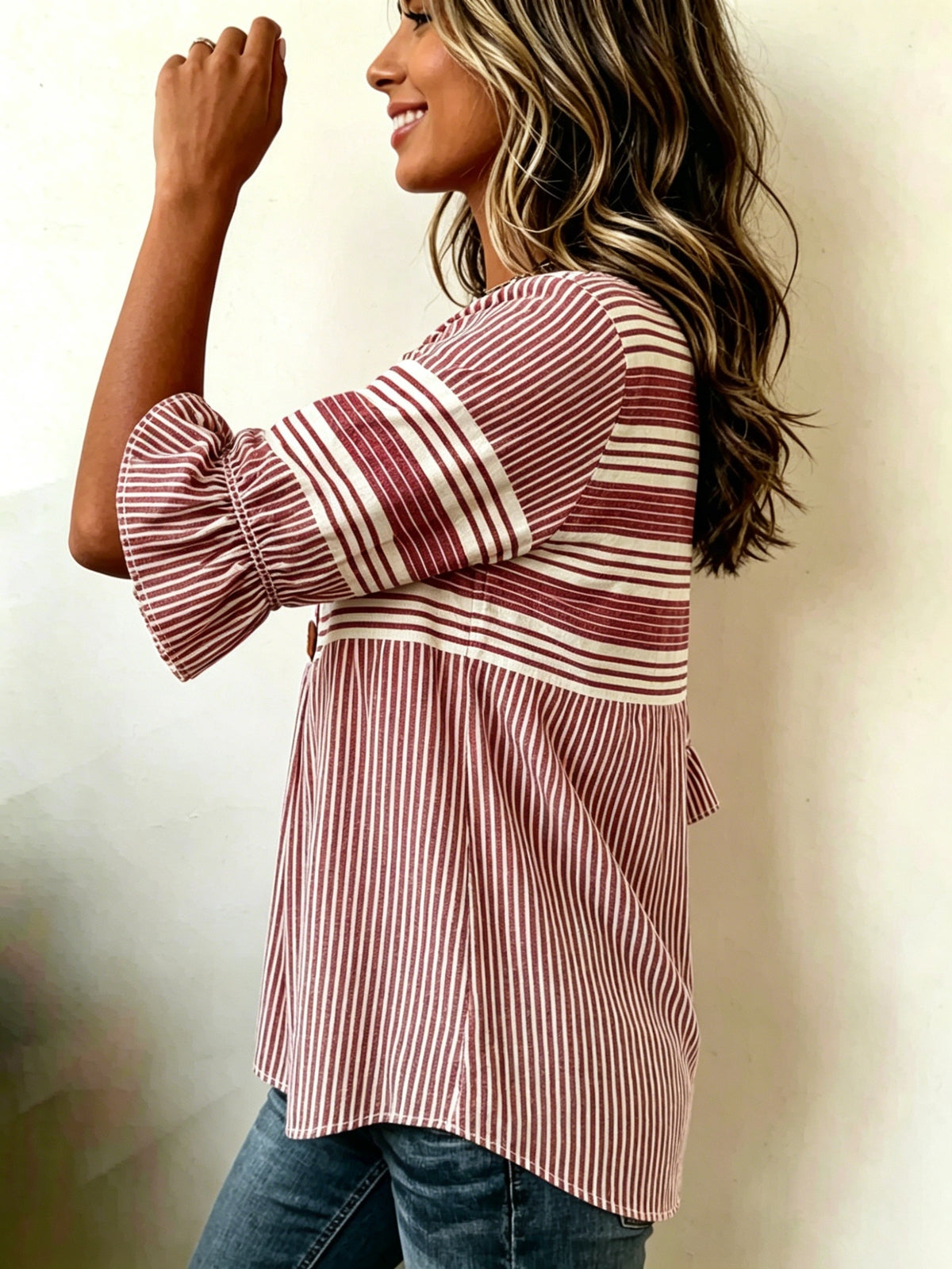 Striped V-Neck Blouse Women Ruffle 3/4 Sleeve Loose Fit Tunic Top Lightweight Linen Button Detail Summer Shirt S-2XL
