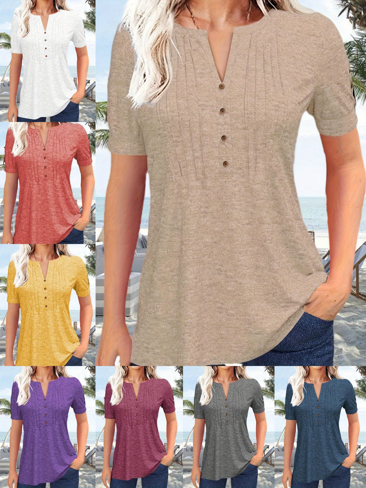 V-Neck Pleated Blouse Women Short Sleeve Button-Up Solid Color Summer Casual Flowy Top S-XL