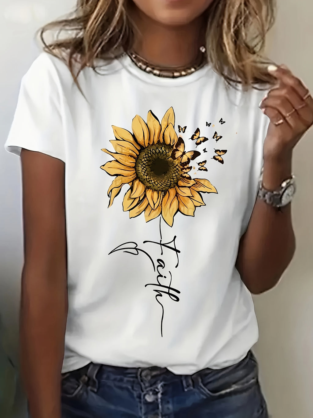 Sunflower Butterfly Print Blouse Women Round Neck Short Sleeve Medium Stretch Opaque Machine Washable Casual Dressy Spring Summer Top S-XXL