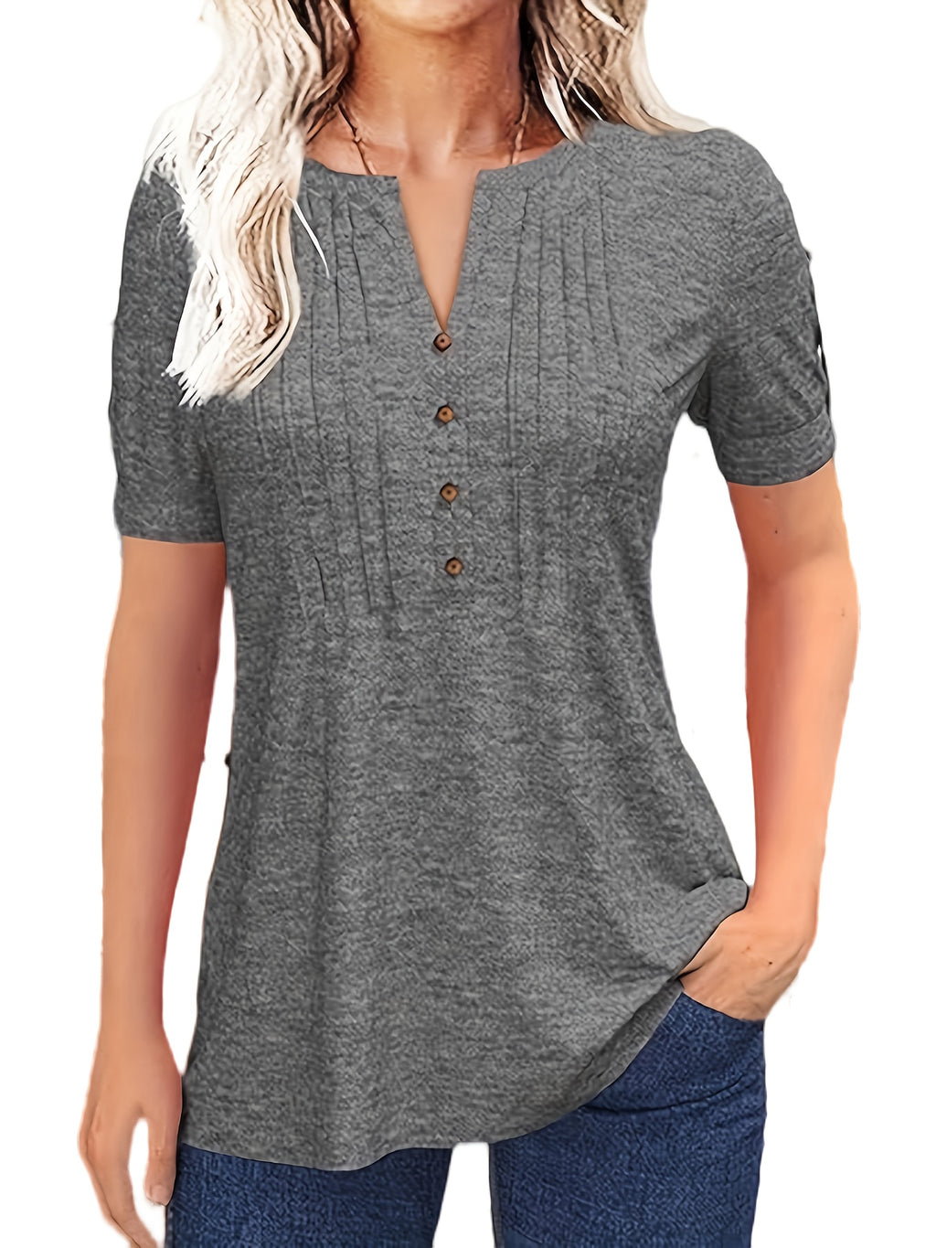 Pleated V-Neck T-Shirt Women Solid Color Short Sleeve Button-Up Casual Summer Top 60% Polyester Viscose Micro-Elastic Smooth Knit Tunic Versatile Daily Wear S-XXL