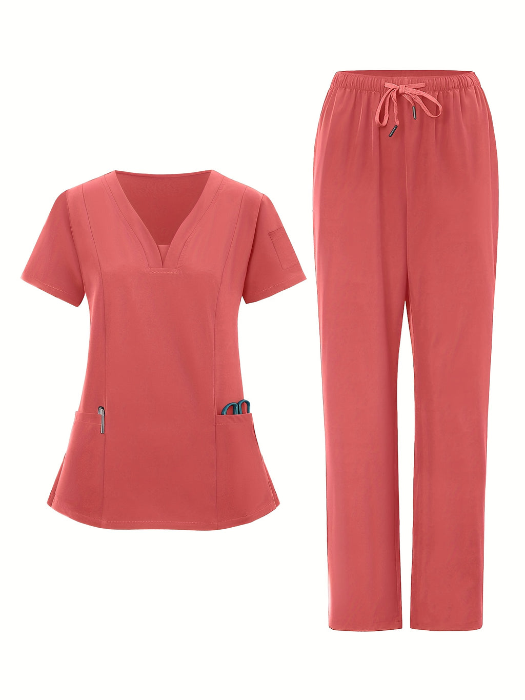 2pcs Women's V-Neck Work Uniform Set Breathable Pocket Top & Pants - Machine Washable Matching Scrub Suit for Healthcare, Education, Retail Casual Professional Attire