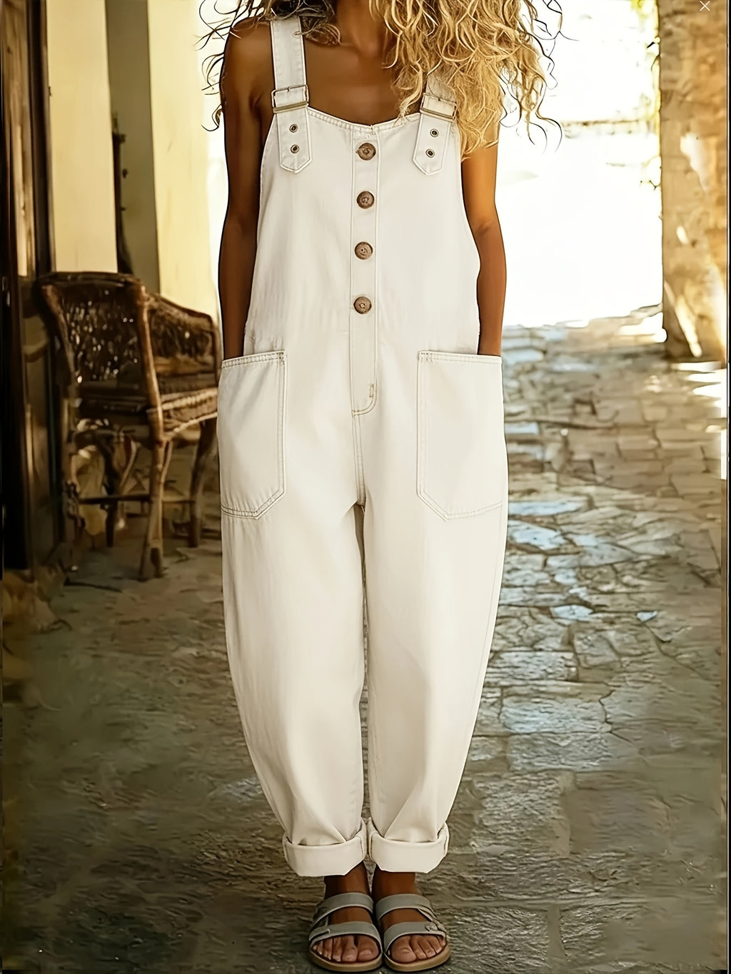 Washed Denim Jumpsuit Women Wide Leg Loose Retro Workwear Sleeveless Single Breasted Pocket Plus Size Solid Color Spring Summer Fall Street Style