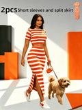 2pcs Women's Striped Crop Top & Bodycon Skirt Set Short Sleeve Tee + High Waist Split Midi Skirt Casual Streetwear Matching Outfit Orange Black S-XXL