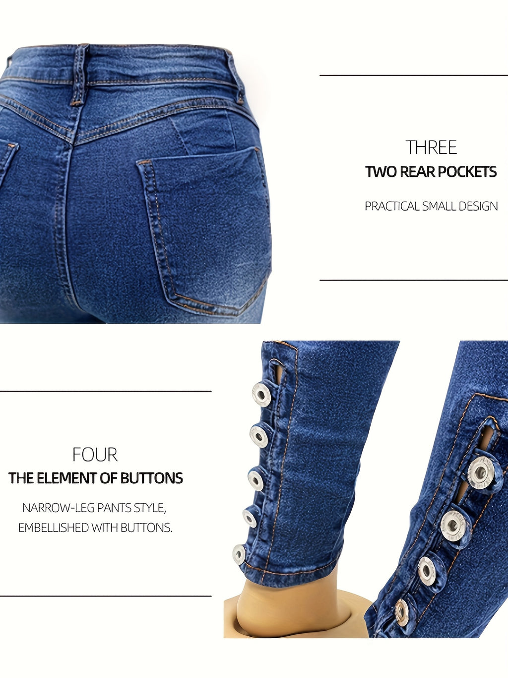 High-Waist Skinny Jeans for Women Stretch Hip-Lifting Tight Fit Button Detail Fashion Denim Pants All-Season S-XXL