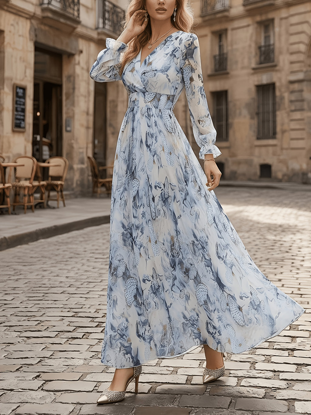 Long Sleeve Floral Maxi Swing Dress Women V-Neck Ankle Length A-Line Pendulum Chiffon Elegant Spring Fall Dress S-XXL