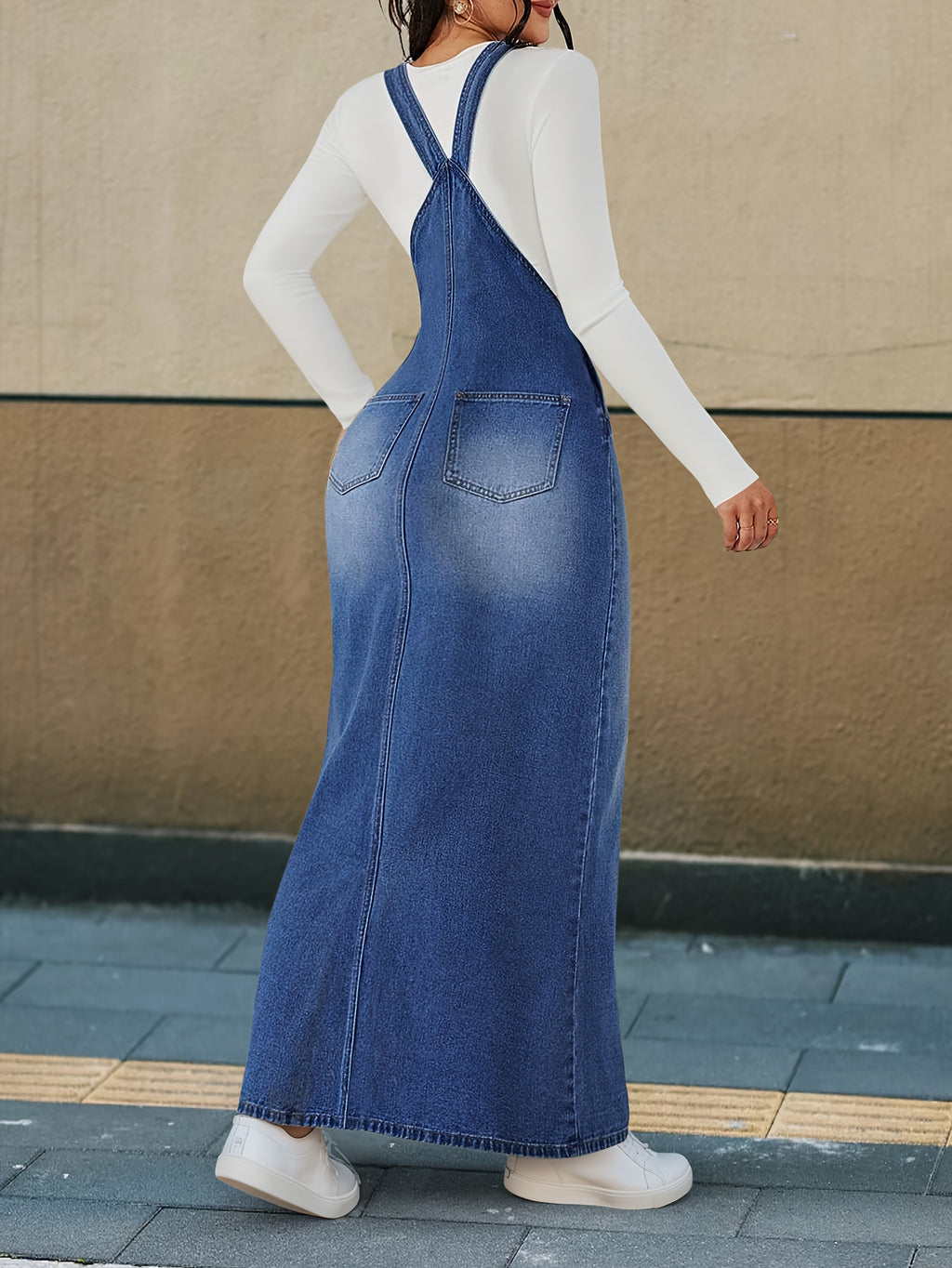 Women's Denim Maxi Dress Loose Fit Detachable Strap Button Closure Casual Chic Long Dress Spring Summer Fall