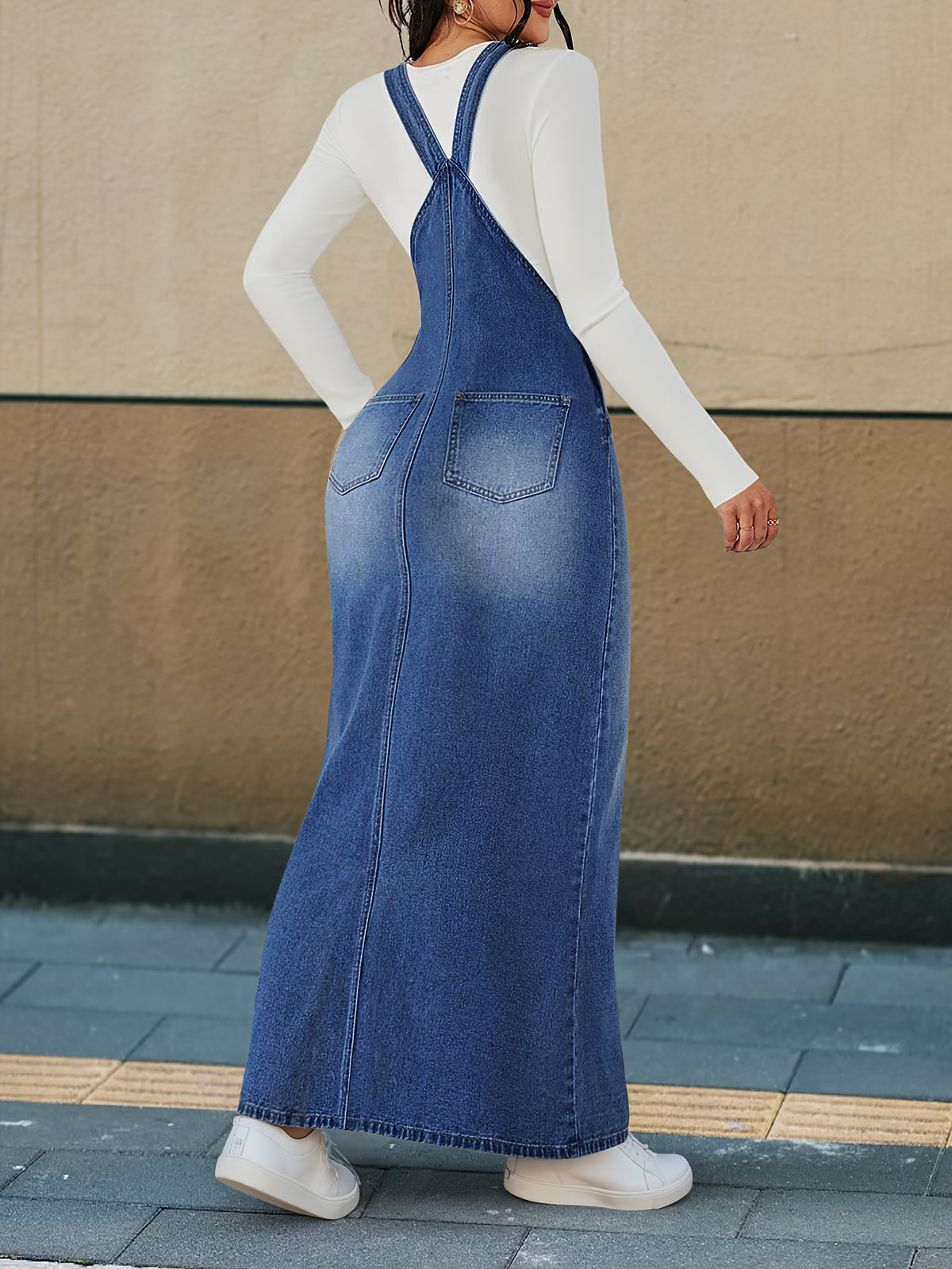 Women's Denim Maxi Dress Loose Fit Detachable Strap Button Closure Casual Chic Long Dress Spring Summer Fall