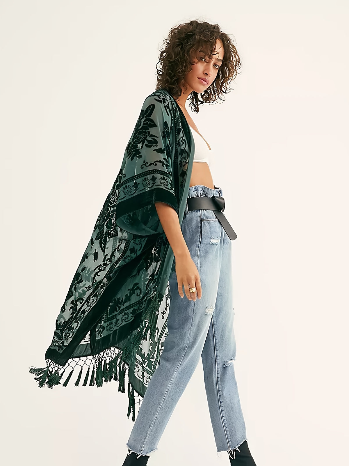 Boho Burnout Velvet Kimono Women Long Cardigan Cover Up Tassel Floral Embroidered One Size