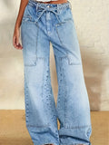 Women's Cargo Jeans Semi-Elastic Waist Washed Denim Vintage Multi-Pocket Patchwork Casual S-L