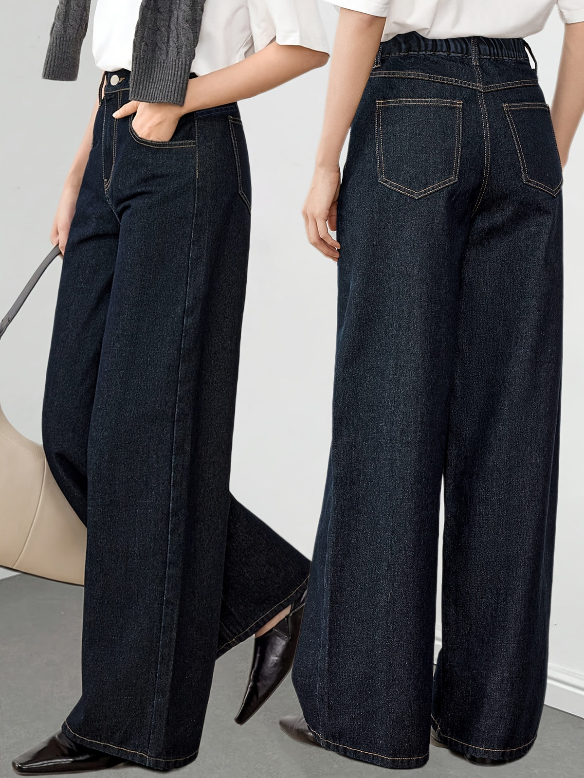 Women's High-Waist Wide-Leg Jeans Dark Blue Loose Fit Slant Pockets Button Closure Casual