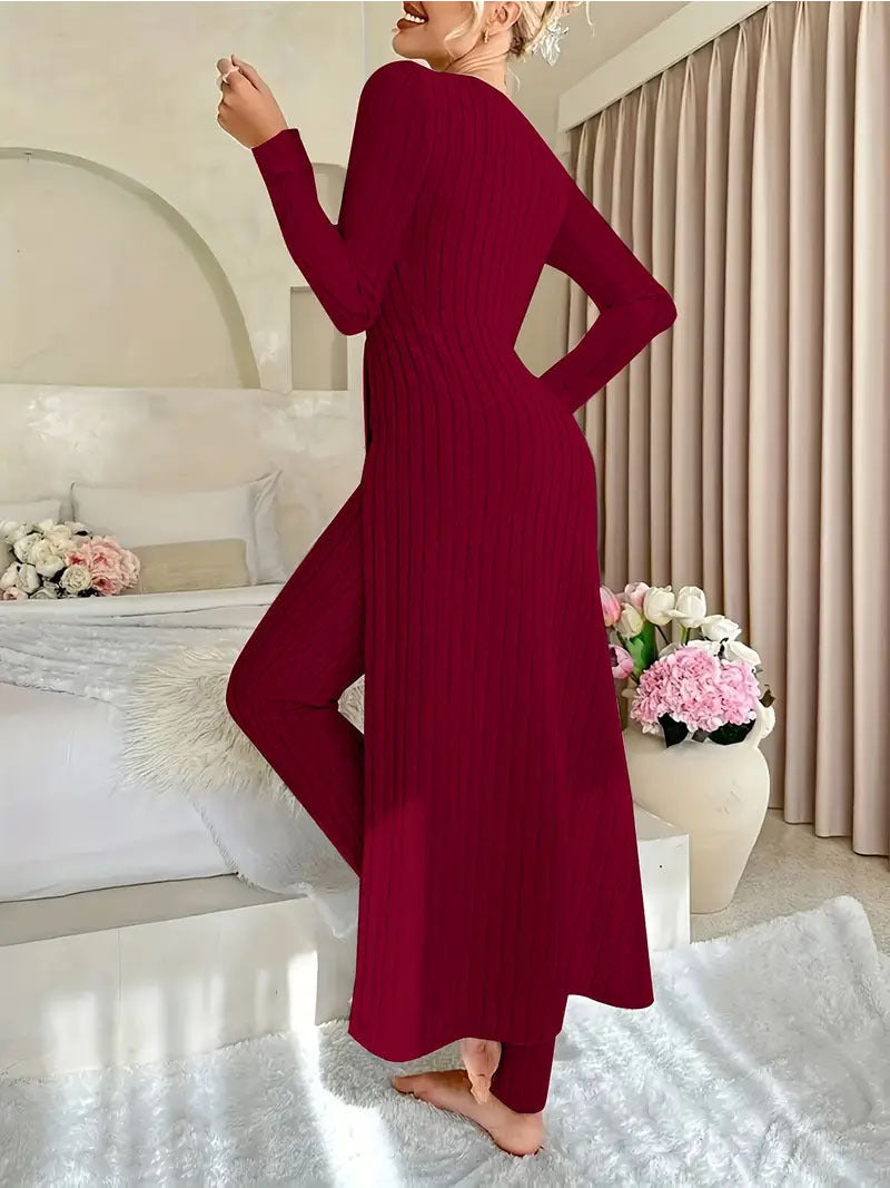 Heavyweight Fleece Lounge Set Women Oversized Long Sleeve Wide-Leg Pants Cozy Winter Two-Piece Ribbed Minimalist S-XL