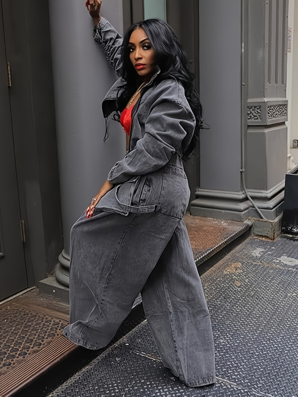 Denim 2-Piece Set Women Ruched Zip-Up Cropped Jean Jacket Wide Leg Pants Chic Matching Outfit Black Sky Blue S-XXL