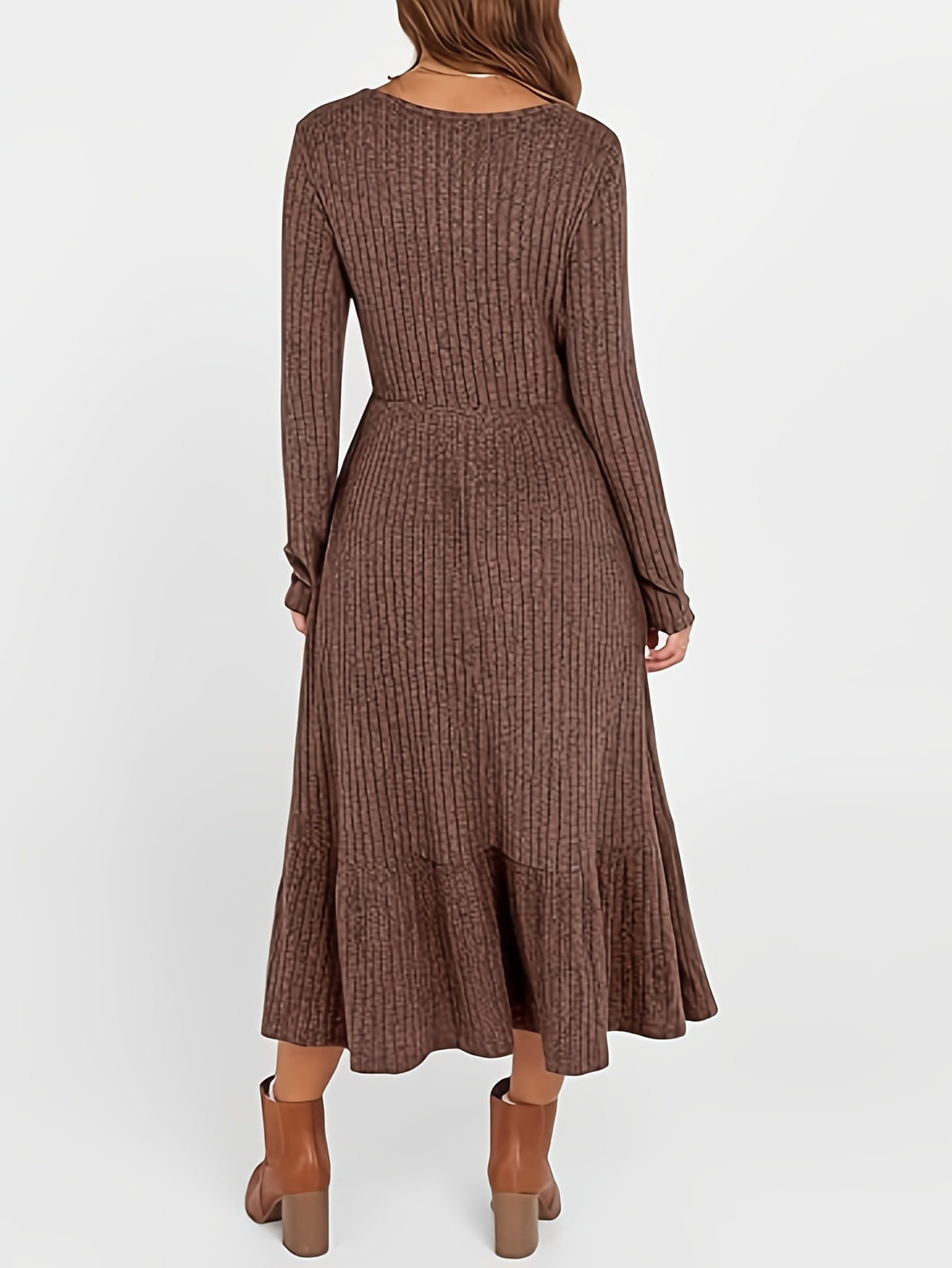 Ribbed Waist-Cinched Maxi Dress for Women | Crew Neck Knit Long Dress with Pockets | Warm Flattering Fall Winter Dress | Solid Color Office Casual Dress Women