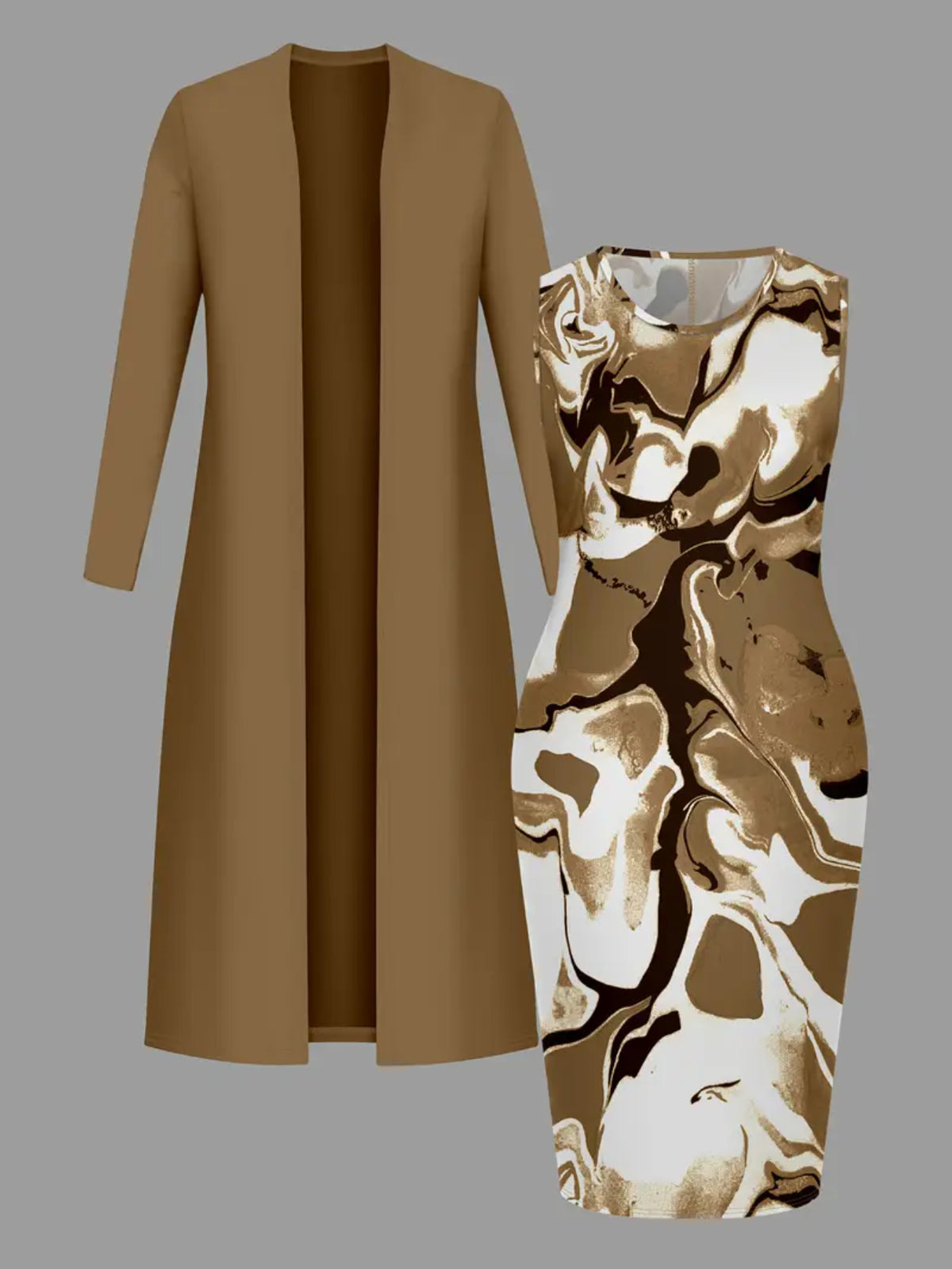Khaki Cardigan & Marble Pencil Skirt Two-Piece Set Women | Long Cardigan + Gold-Brown Patterned Skirt Professional Work Outfit for Office Daily Outings