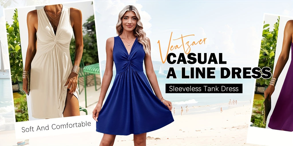 Solid Color V-Neck Knot Tank Dress Women Sleeveless A-Line Knee Length Knit Casual Summer Dress 12 Colors S-XXL
