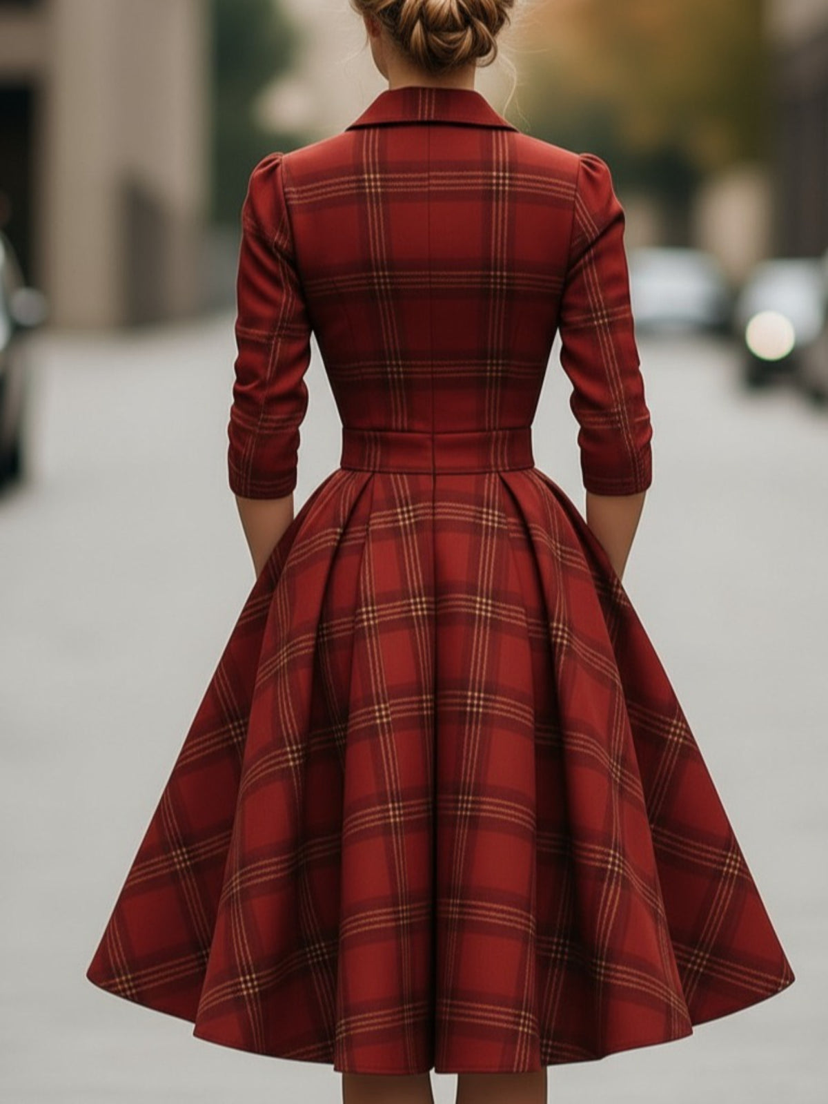 Burgundy Plaid Blazer-Style Midi Dress Women Waist-Defining A-Line Vintage Elegant Workwear Office Banquet Holiday Dress S-XXL