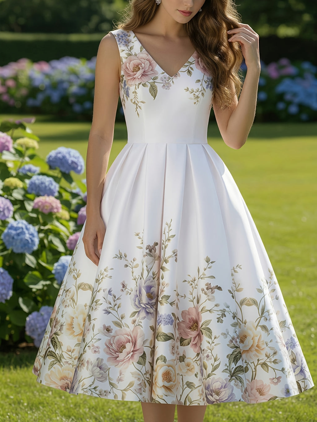 Printed Sleeveless V-Neck Dress Women Waist-Cinching Flared Skirt Elegant Spring Summer Casual Dress for Garden Party Date