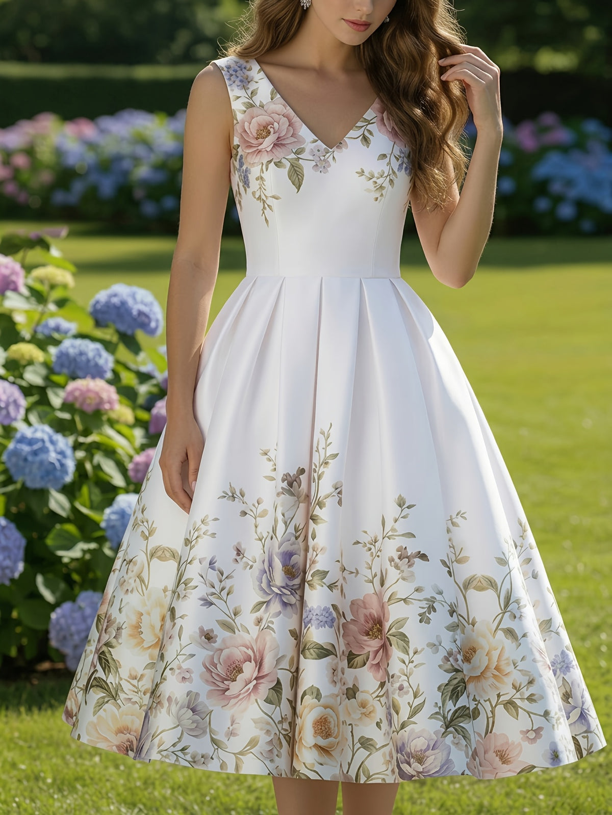 Printed Sleeveless V-Neck Dress Women Waist-Cinching Flared Skirt Elegant Spring Summer Casual Dress for Garden Party Date