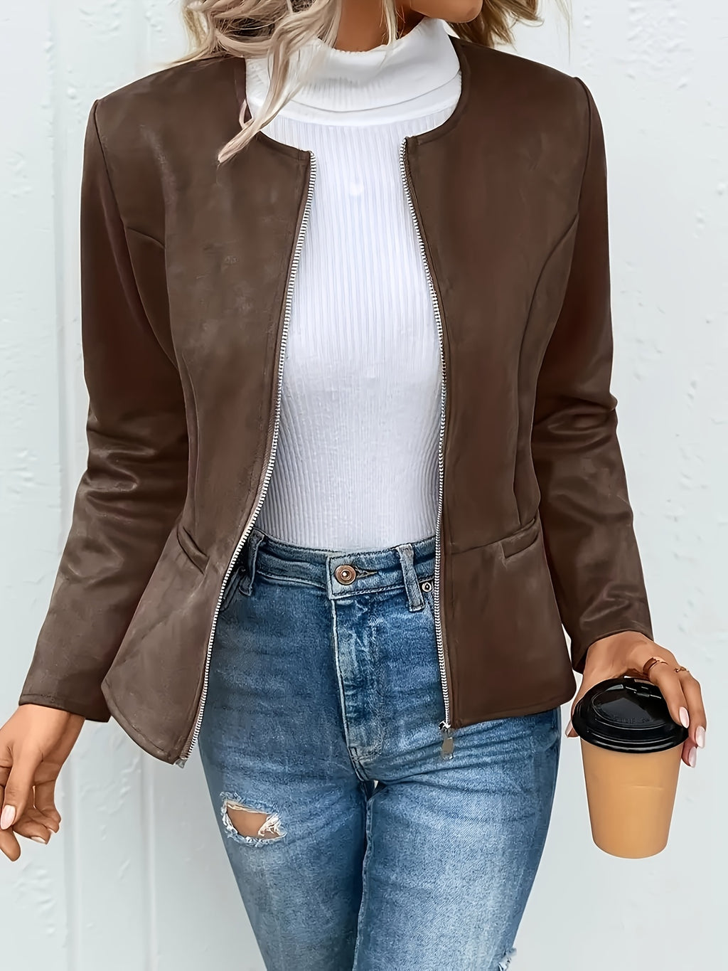 Slim Fit Zip Up Jacket for Women Round Neck Long Sleeve Casual Coat Solid Color All Season Versatile