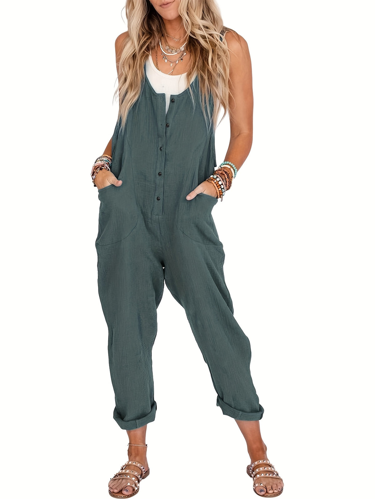 Linen Jumpsuit Women Wide Leg Casual Loose Overalls with Pockets Sleeveless Adjustable Strap Summer Palazzo Pants Romper Beige Black XS-XXL