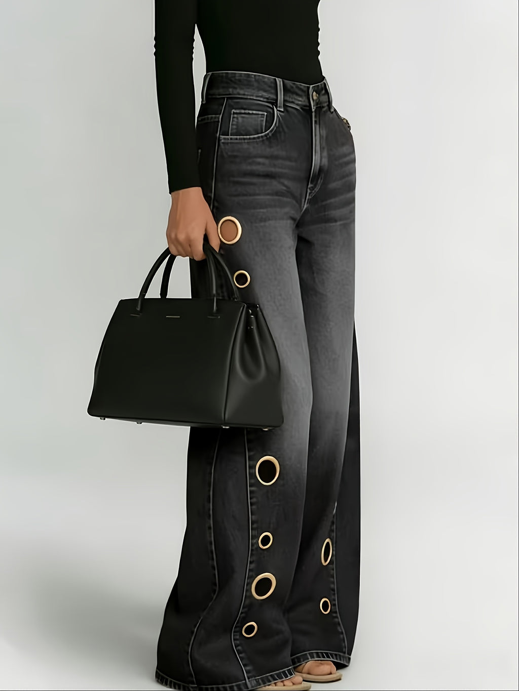 High Waist Wide Leg Jeans Women Retro Metal Eyelet Denim Pants Loose Casual Street Style Y2K Cool Streetwear