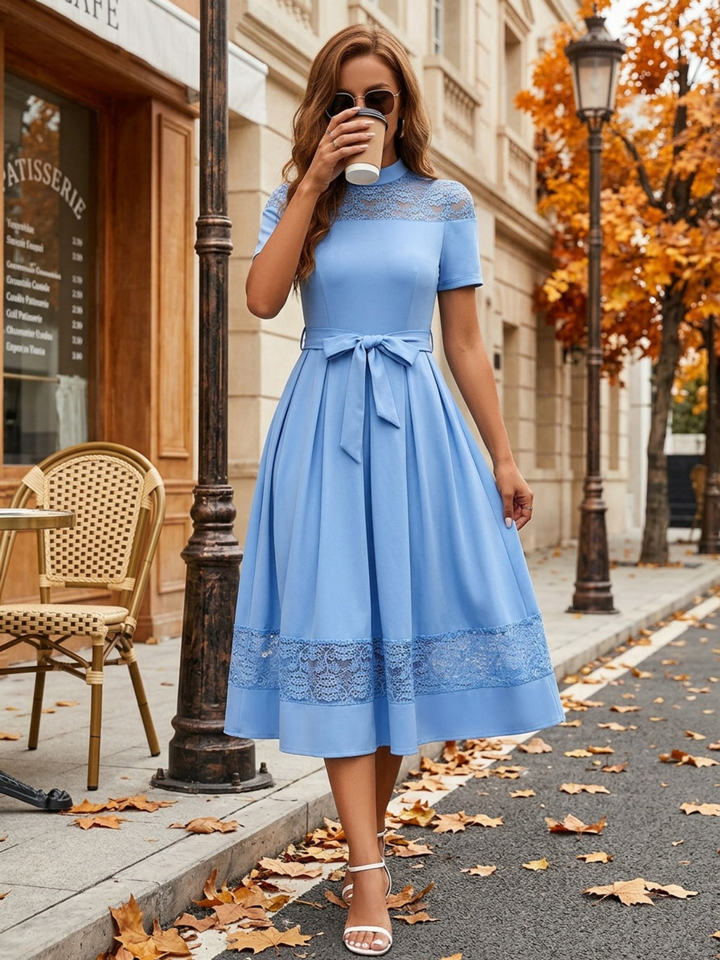 Elegant Lace Spliced Slim Fit Dress Women Belted Formal Evening Party Dress Chic Design
