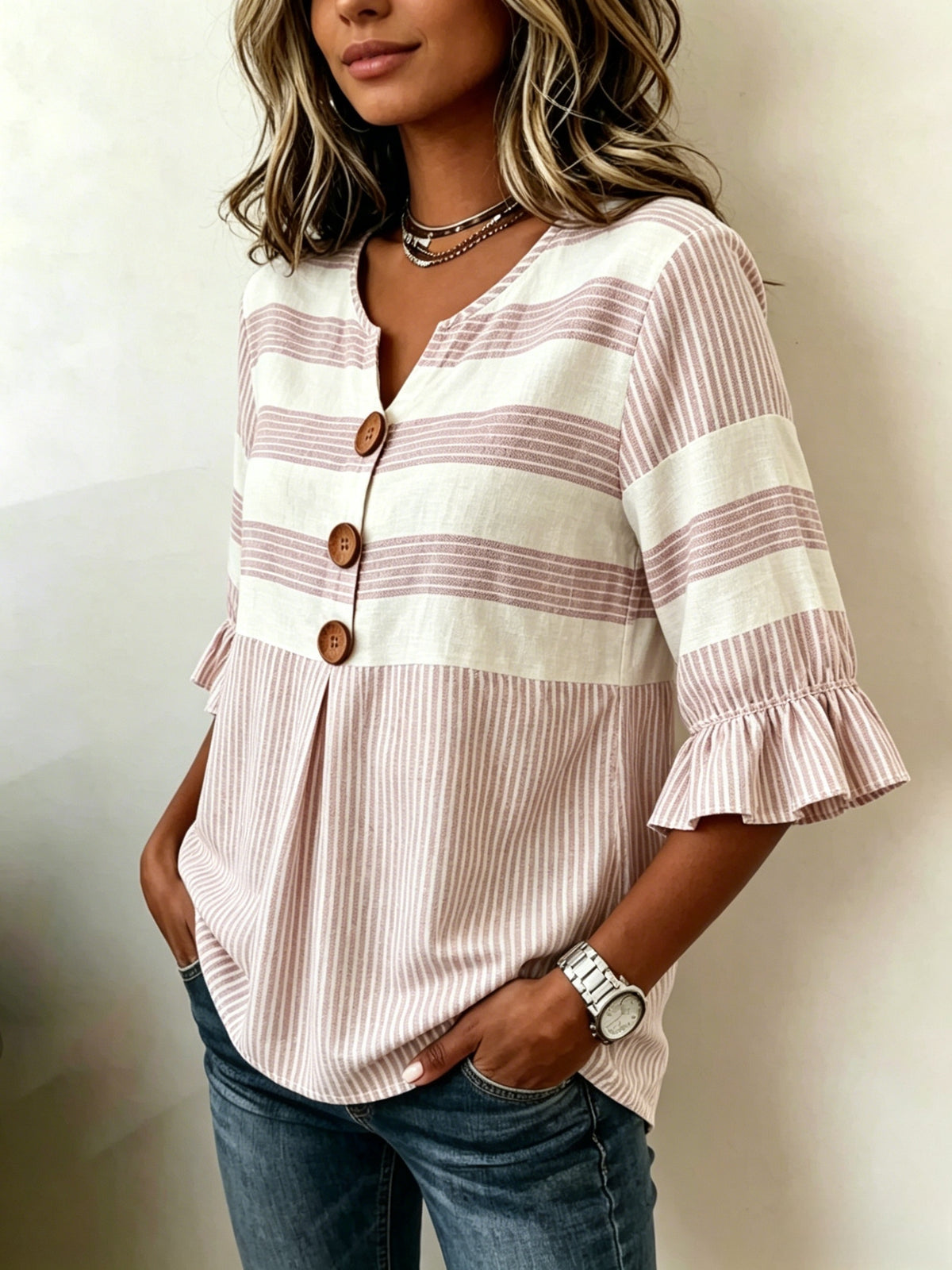 Striped V-Neck Blouse Women Ruffle 3/4 Sleeve Loose Fit Tunic Top Lightweight Linen Button Detail Summer Shirt S-2XL
