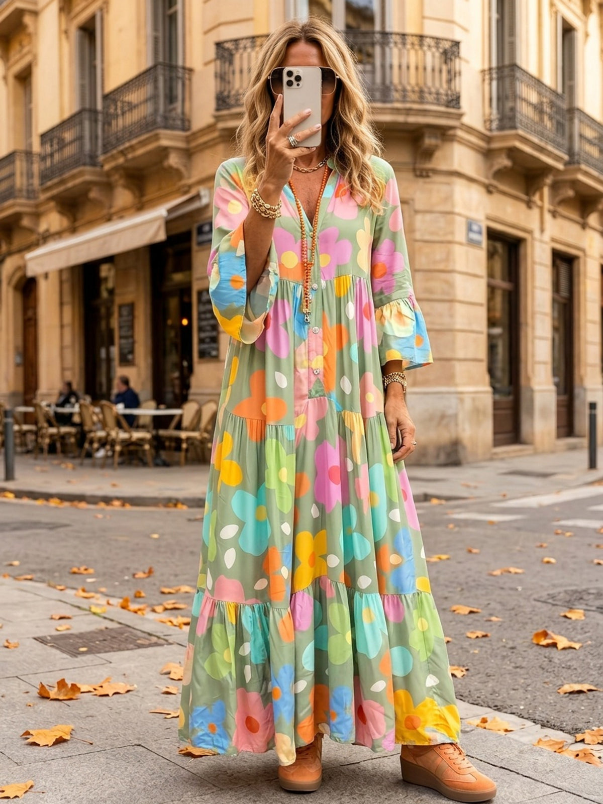 Floral Print Boho Maxi Dress Women V-Neck Layered Tiered Hem 3/4 Ruffle Sleeves Loose Fit Button Closure A-Line Long Dress Spring Summer S-XXL