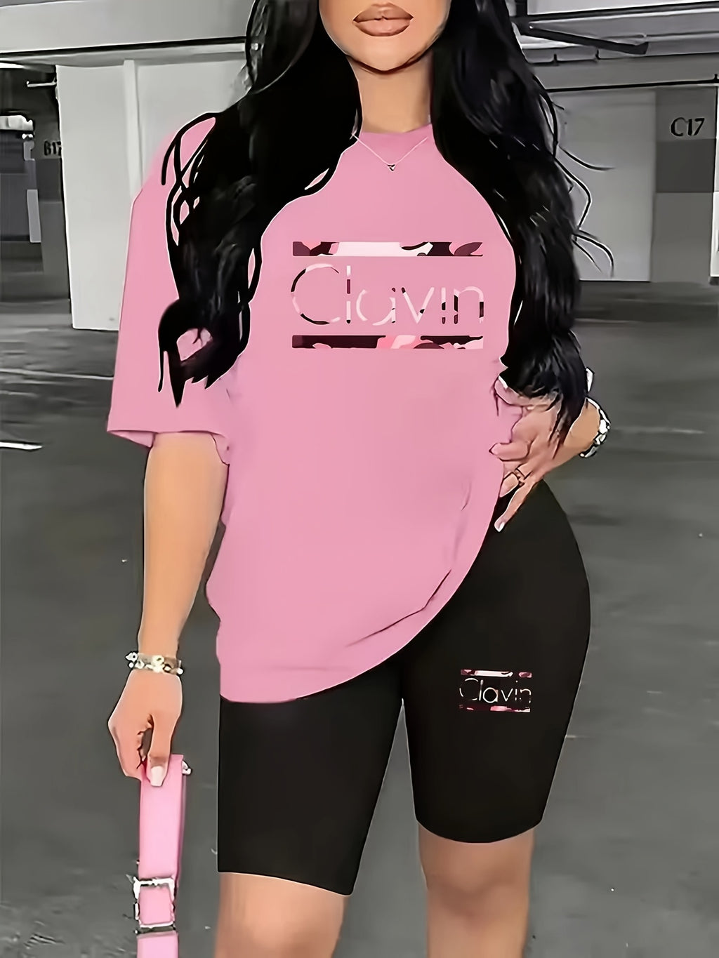Women's 2-Piece Oversized T-Shirt and Fitted Shorts Matching Set Lettering Print Streetwear Loungewear