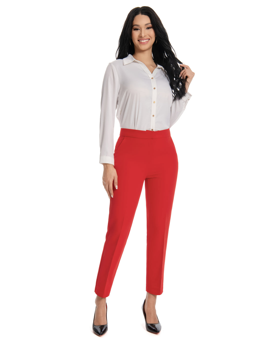 Red Slim Fit Stretch Trousers for Women – Vibrant Mid Waist Ankle Length Pants with Pockets, Elegant Office Workwear Evening Out Formal Bottoms, Machine Washable All-Season Versatile S-XXL