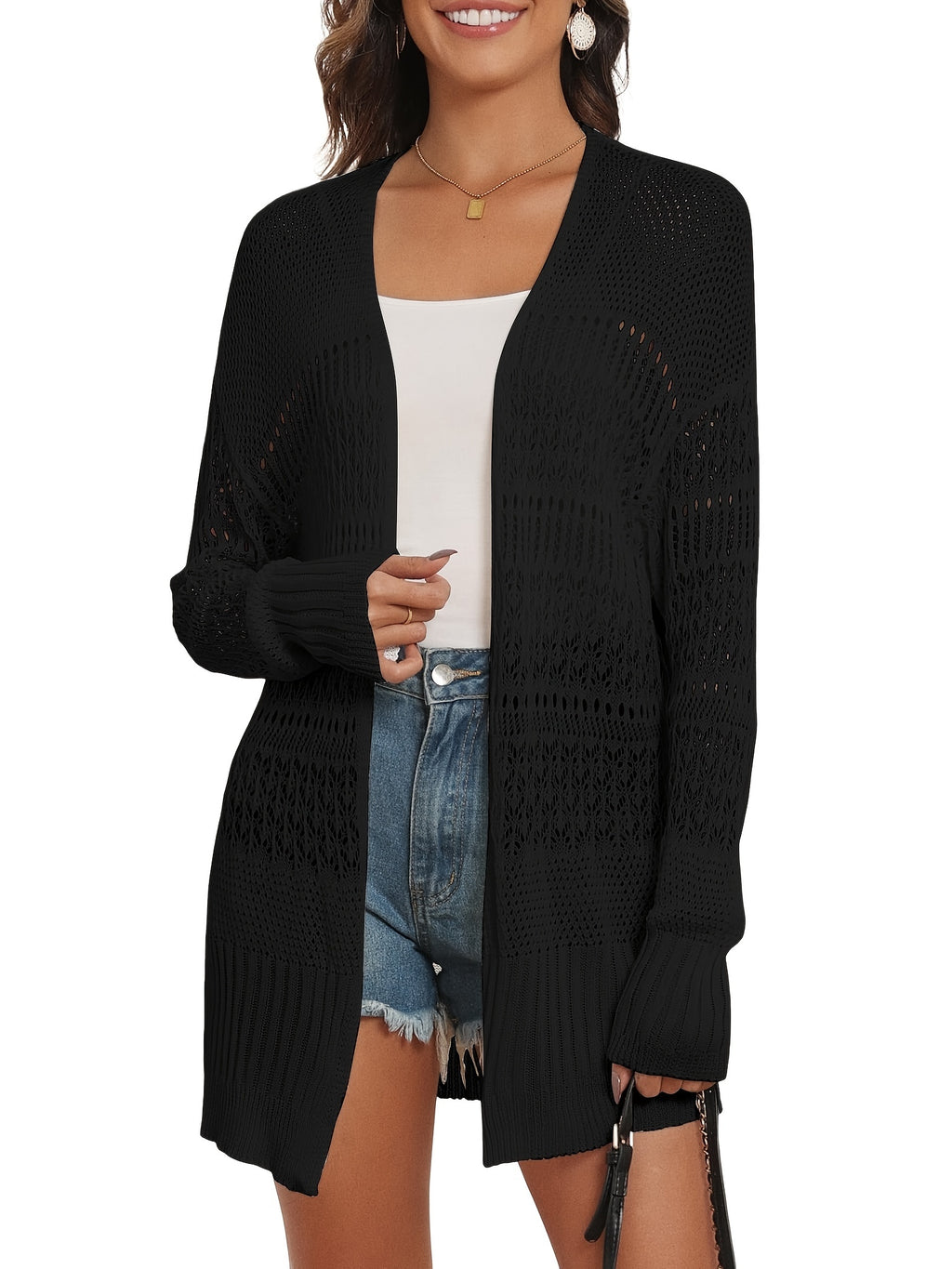 Women's Crochet Cardigan Kimono Long Sleeve Lace Up Front Lightweight Open Front Sweater Layering Top Spring Fall Beach Cover Up