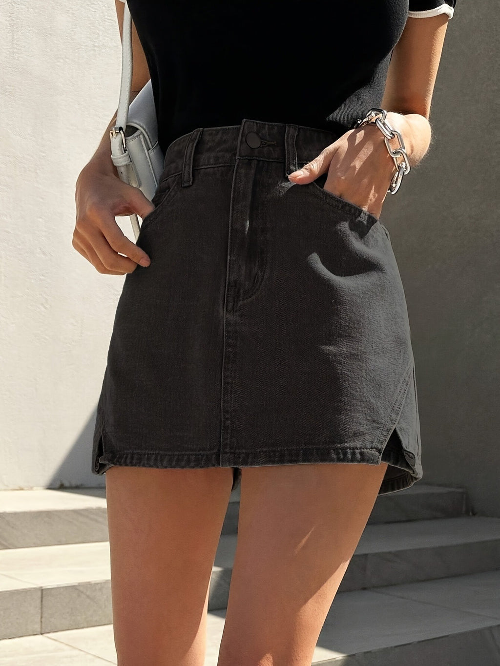 High Waist Denim Skort Women Mini Side Slit Jean Skirt Shorts Light Blue Black S-XL