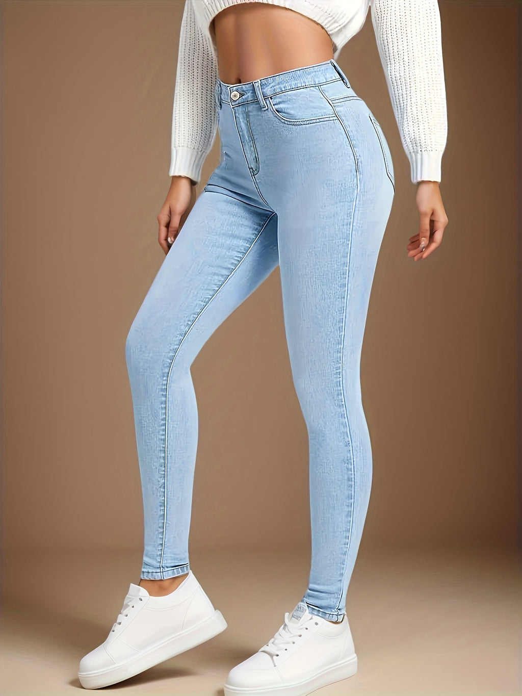 High Rise Slim Fit Blue Jeans Women Stretch Denim Pants Slant Pockets Skinny Casual Fashionable Soft Touch S-XXL
