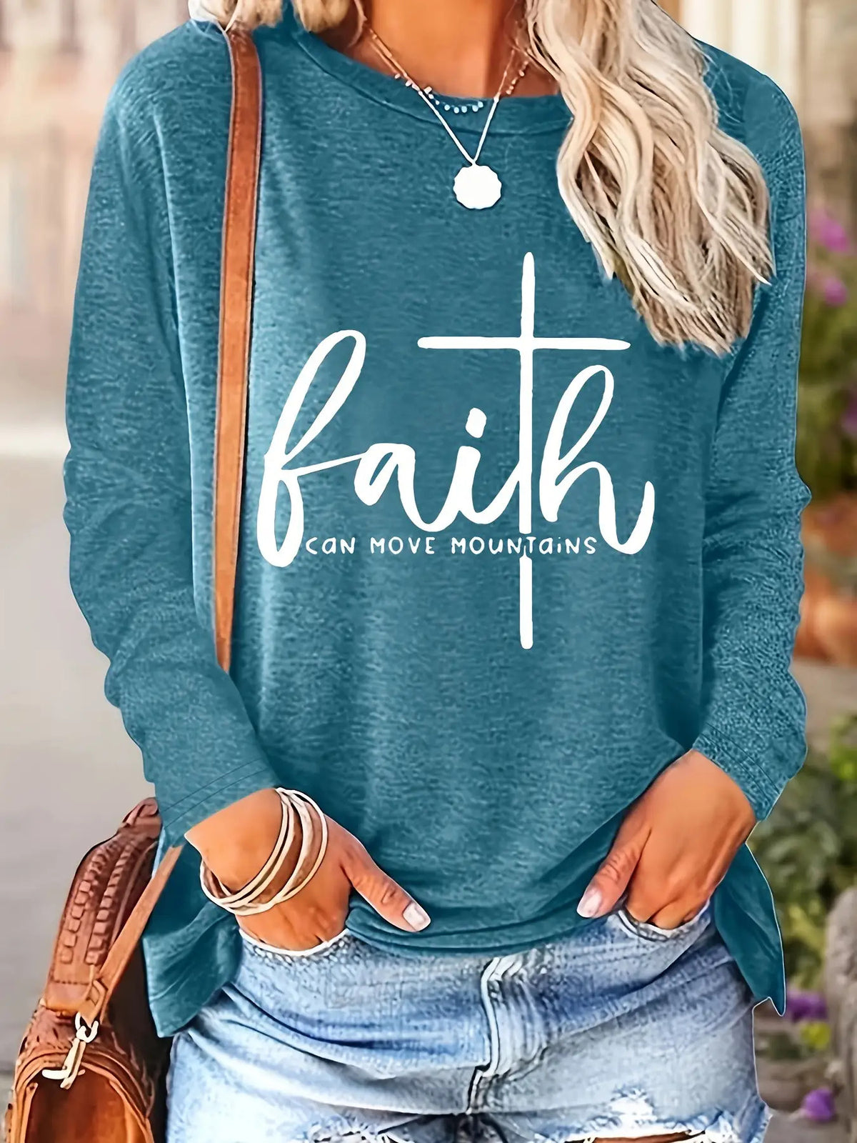 Letter Print Long Sleeve T-Shirt Women Casual Crew Neck Pocket Tee Stretch Knit Fall Winter Graphic Top S-XXL