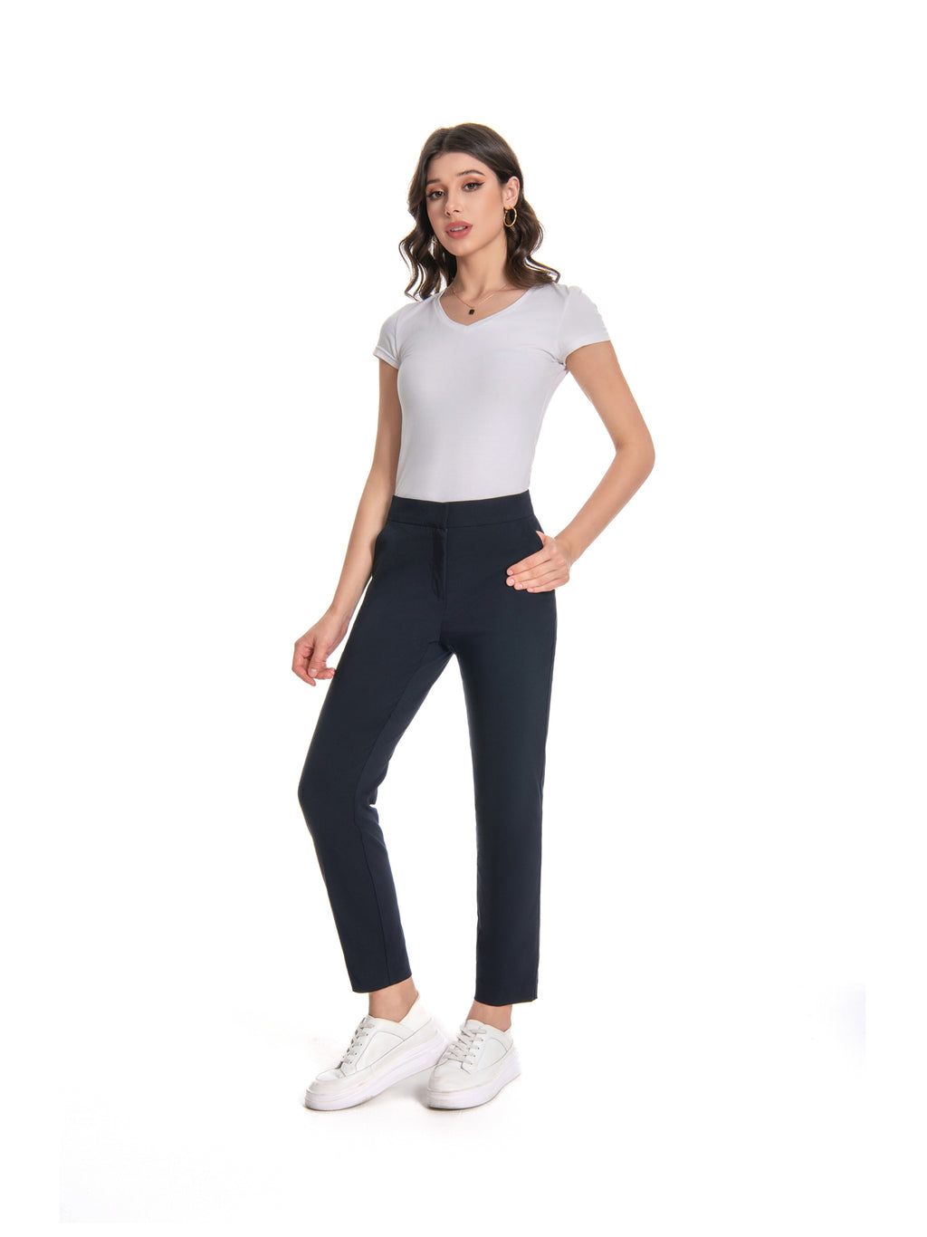 Red Slim Fit Stretch Trousers for Women – Vibrant Mid Waist Ankle Length Pants with Pockets, Elegant Office Workwear Evening Out Formal Bottoms, Machine Washable All-Season Versatile S-XXL
