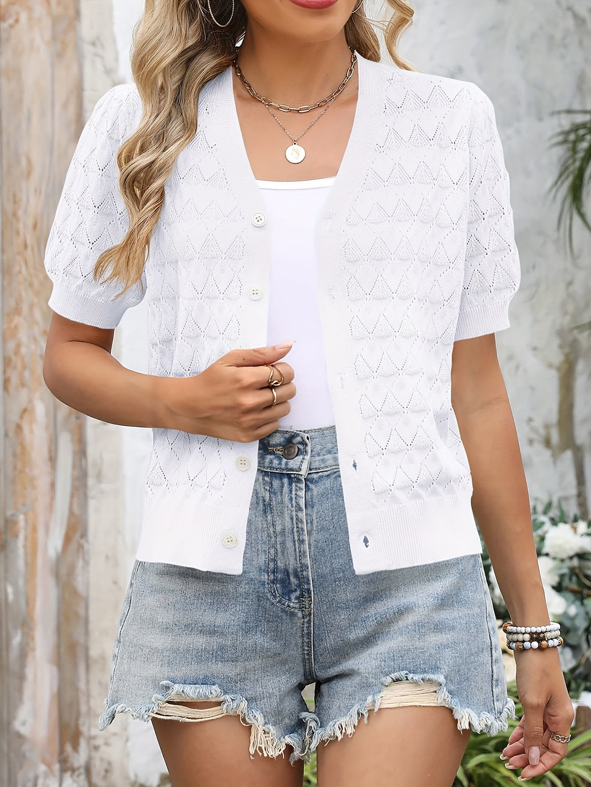 Women's Cropped Crochet Cardigan Puff Sleeve Linen Blend Sheer Lace Knit Short Top Breathable Lightweight Spring Summer Boho Fashion