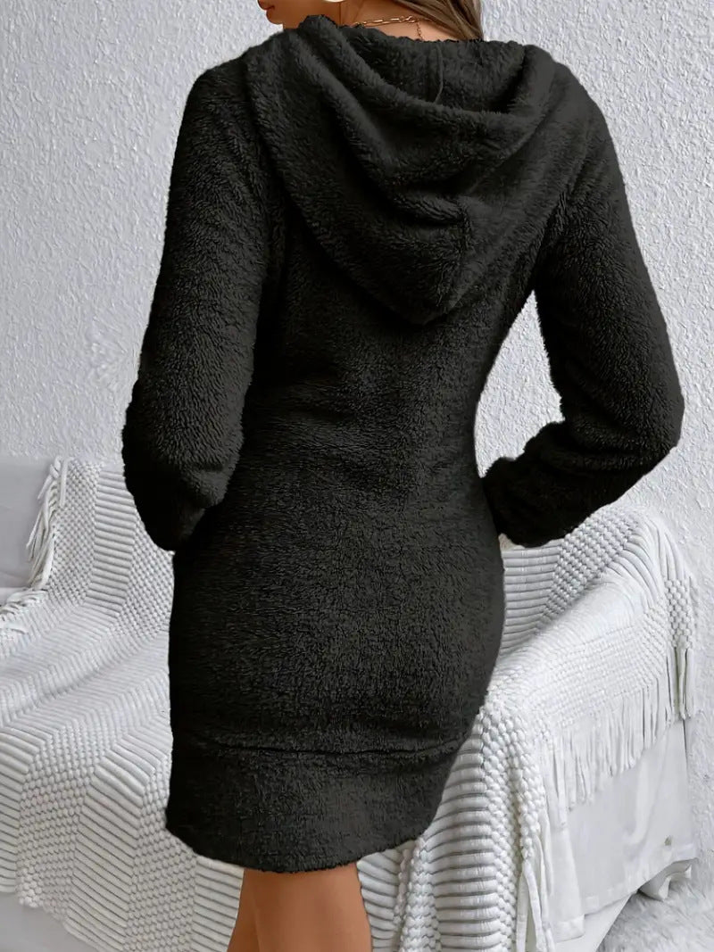 Hoodie Sweatshirt Dress Women Long Sleeve Pullover Casual Drawstring Pocket Knit Dress Ivory White Black Red Olive S-XXL