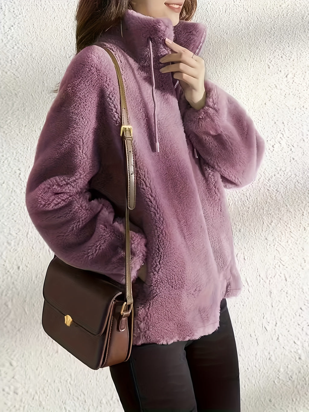 Plush Hooded Zip-Up Jacket for Women Solid Color Fuzzy Sherpa Coat Warm Winter Casual Daily