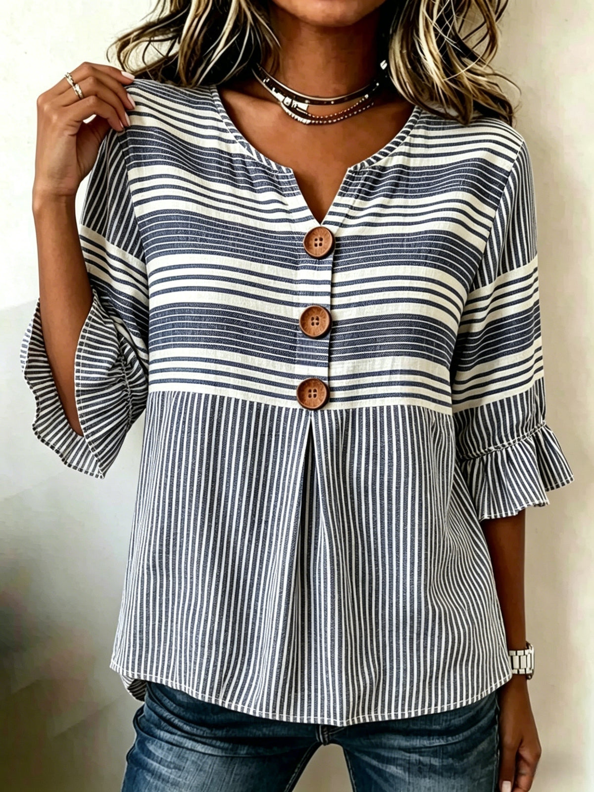 Striped V-Neck Blouse Women Ruffle 3/4 Sleeve Loose Fit Tunic Top Lightweight Linen Button Detail Summer Shirt S-2XL