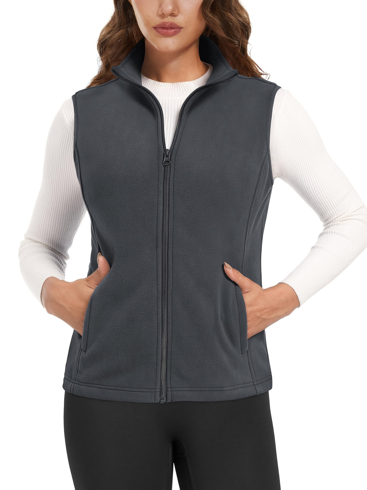 Women's Fleece Zip Vest Lightweight Warm Sleeveless Jacket Stand Collar 4 Pockets Windproof Outdoor Vest S-XXL