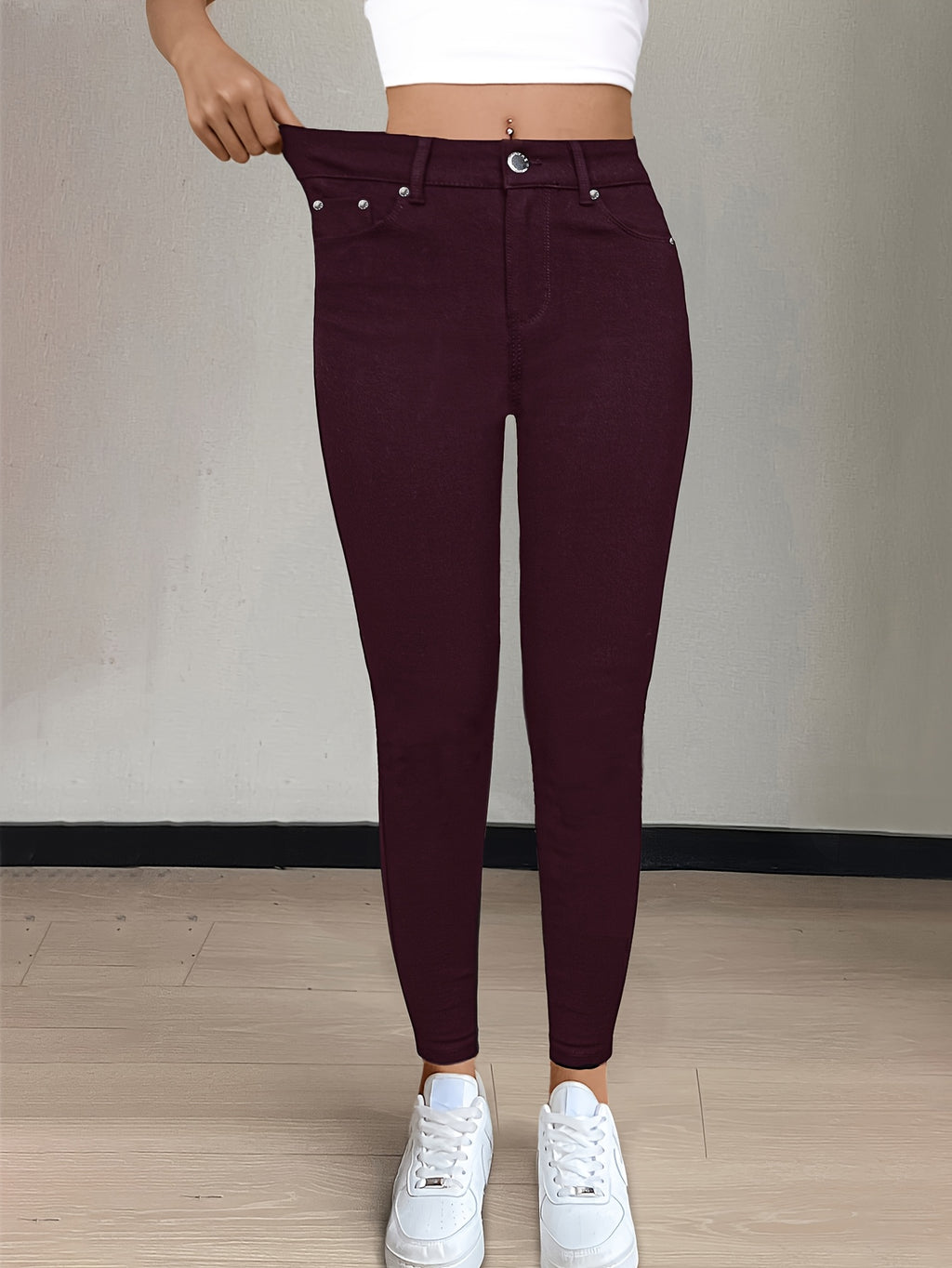 Women's High-Waist Skinny Jeans Stretchy Fabric Multi-Color Long Style Casual Streetwear Button Decor Five Pockets
