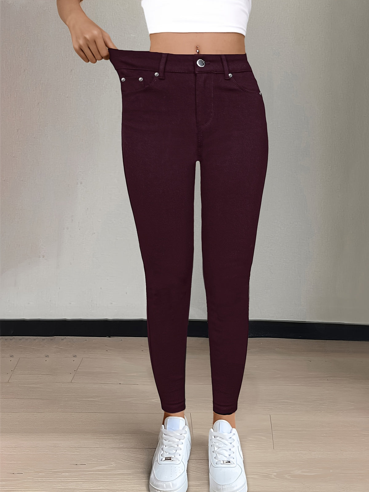 Women's High-Waist Skinny Jeans Stretchy Fabric Multi-Color Long Style Casual Streetwear Button Decor Five Pockets