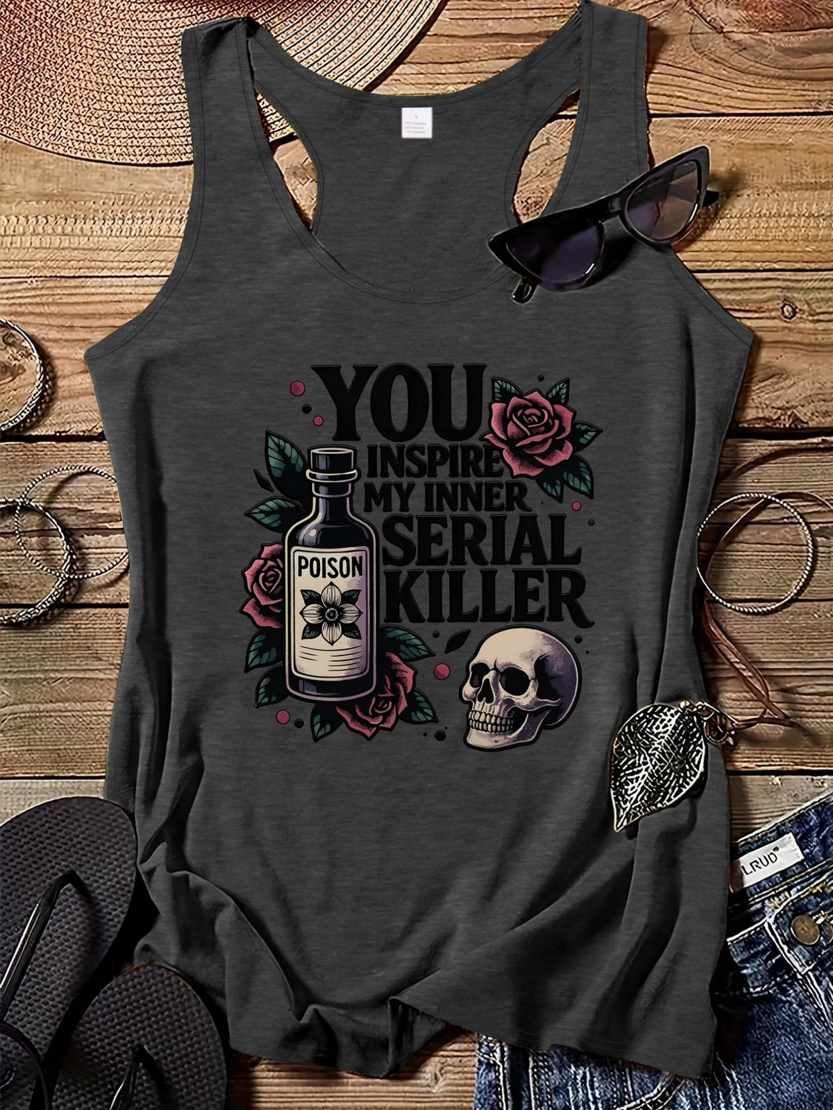 Rose Print Round Neck Tank Top for Women - Floral Poison Rose Fashion Sleeveless Blouse Vest, Breathable Casual Summer Top for Everyday Outfits & Layering