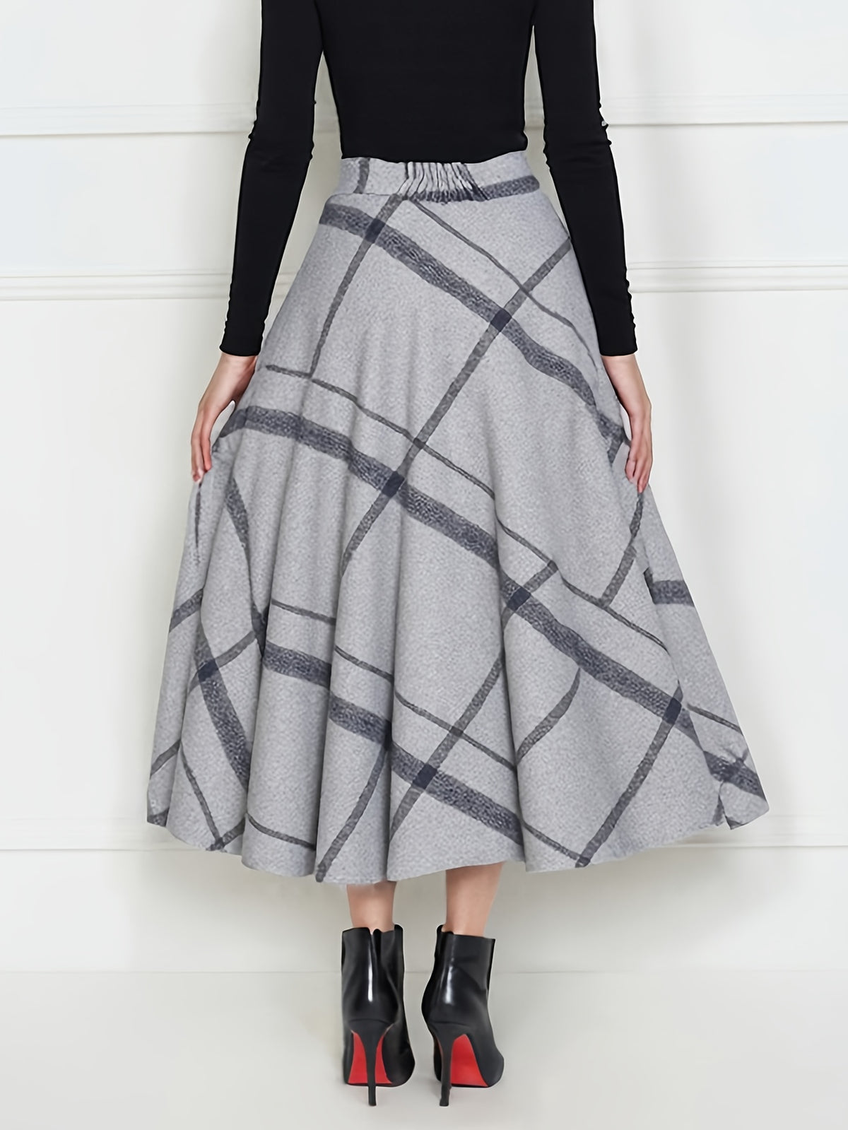 Wool Plaid Maxi Skirt Women A-Line Pleated Elastic Waist Fall Winter Long Skirt Grey M-XXL