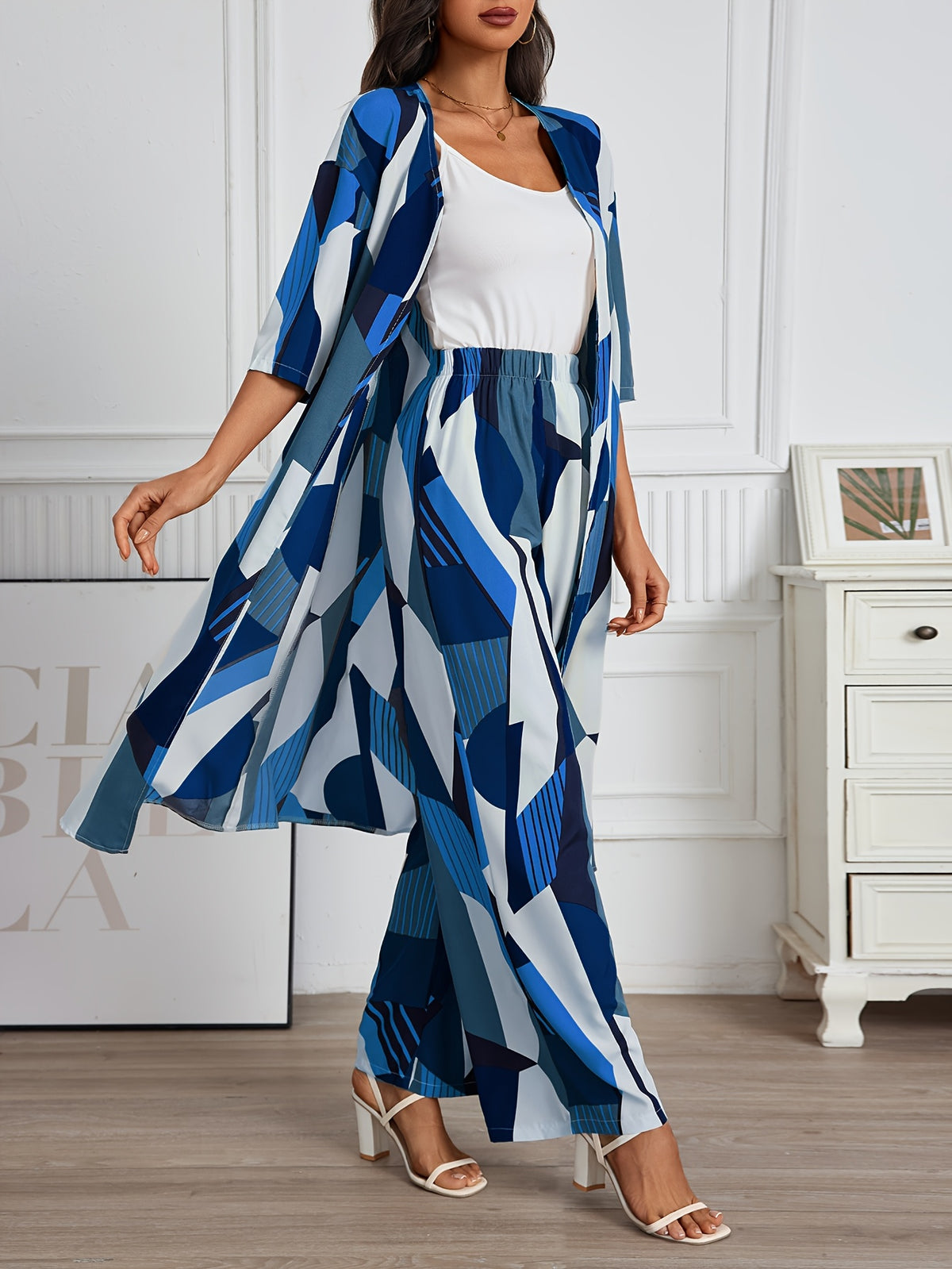 Women's 2 Piece Geo Print Pantsuit Set Short Sleeve Shirt and Wide Leg Pants Vacation Outfit Casual Elegant Summer Matching Set